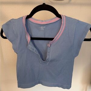 Urban Outfitters Light Blue Ribbed Crop Top with Pink Trim